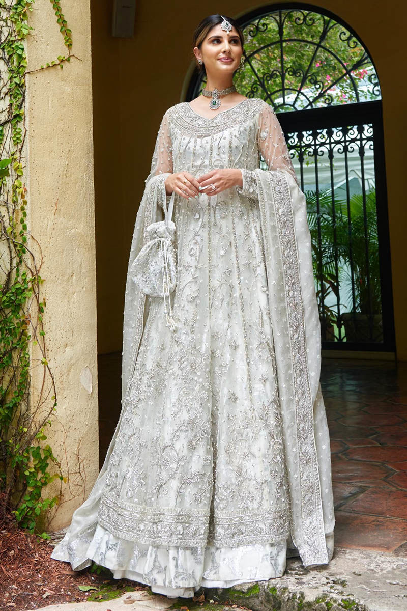 White Embellished Net Pishwas Dress (3-Piece) - Image 5