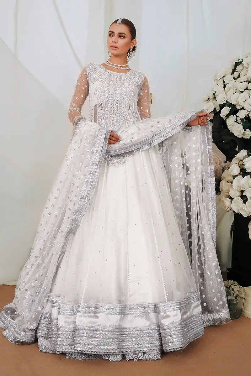 White Embroidered Net & Jamawar Pishwas (3-Piece) - Image 1