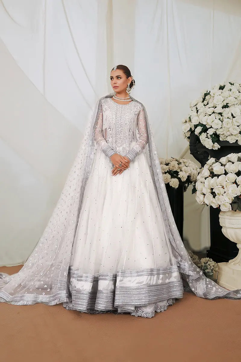 White Embroidered Net & Jamawar Pishwas (3-Piece) - Image 2