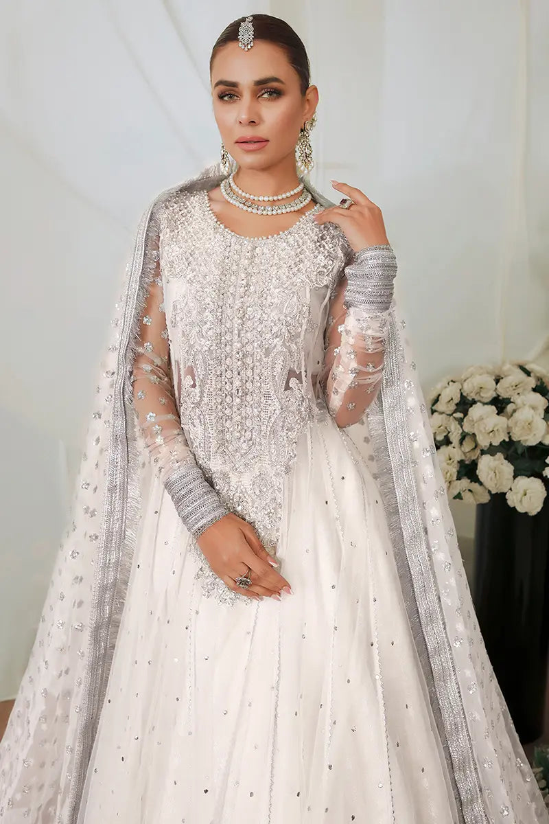 White Embroidered Net & Jamawar Pishwas (3-Piece) - Image 3