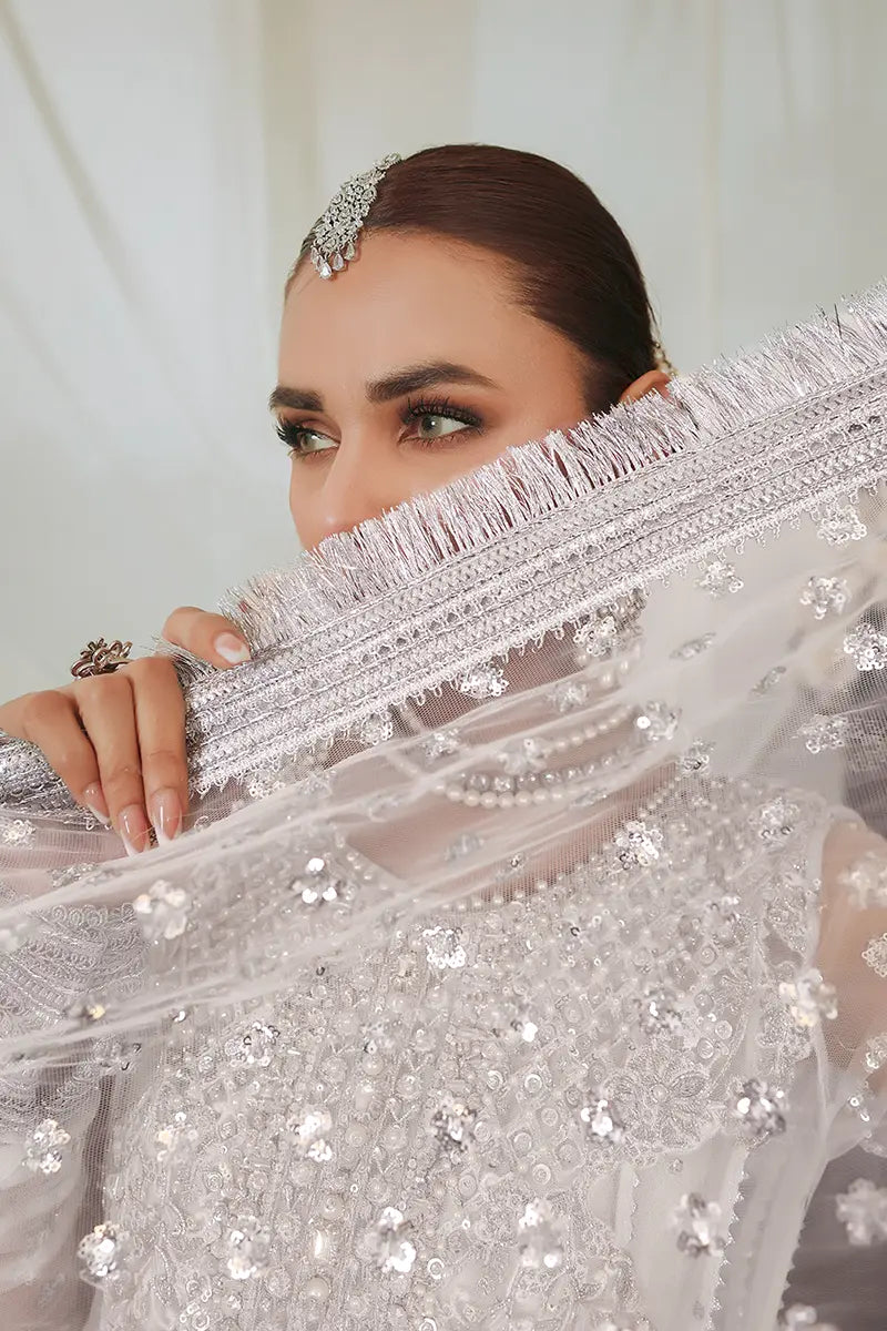 White Embroidered Net & Jamawar Pishwas (3-Piece) - Image 4