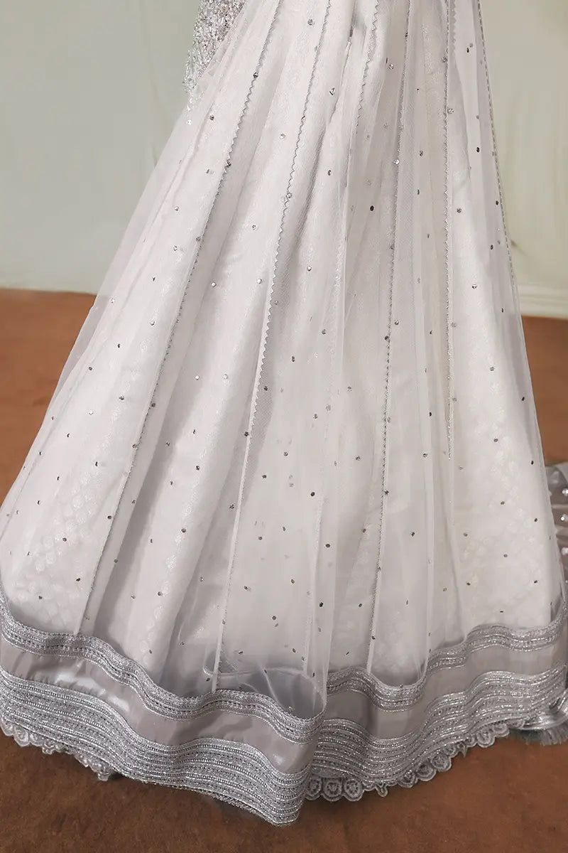 White Embroidered Net & Jamawar Pishwas (3-Piece) - Image 5