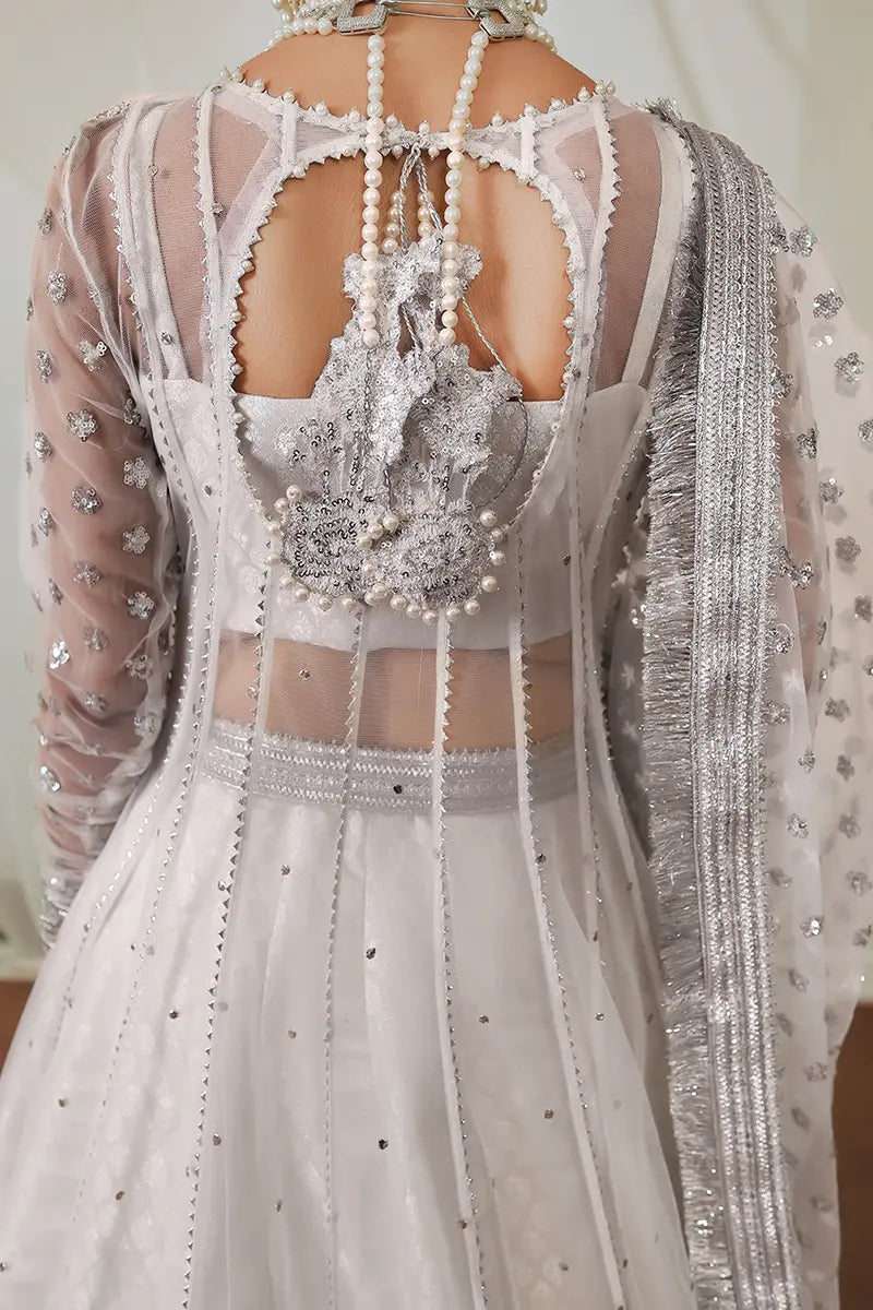 White Embroidered Net & Jamawar Pishwas (3-Piece) - Image 6