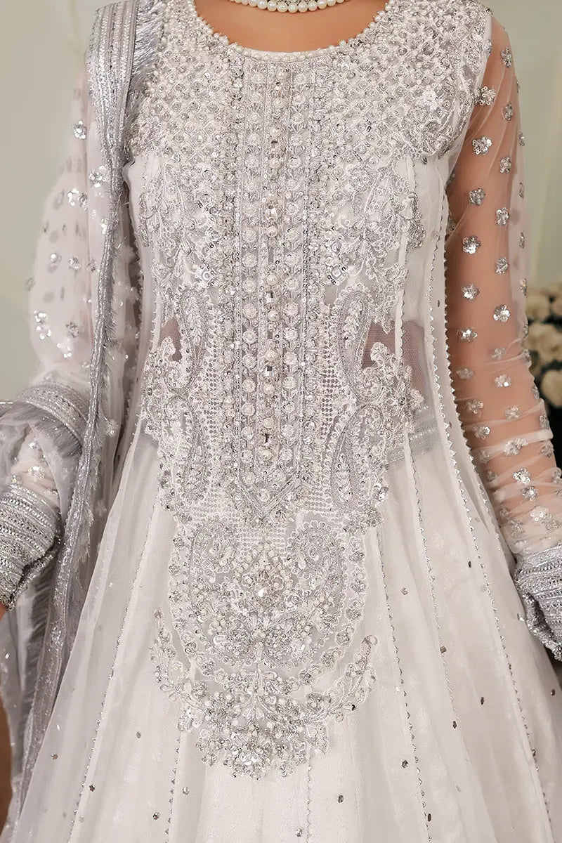 White Embroidered Net & Jamawar Pishwas (3-Piece) - Image 7