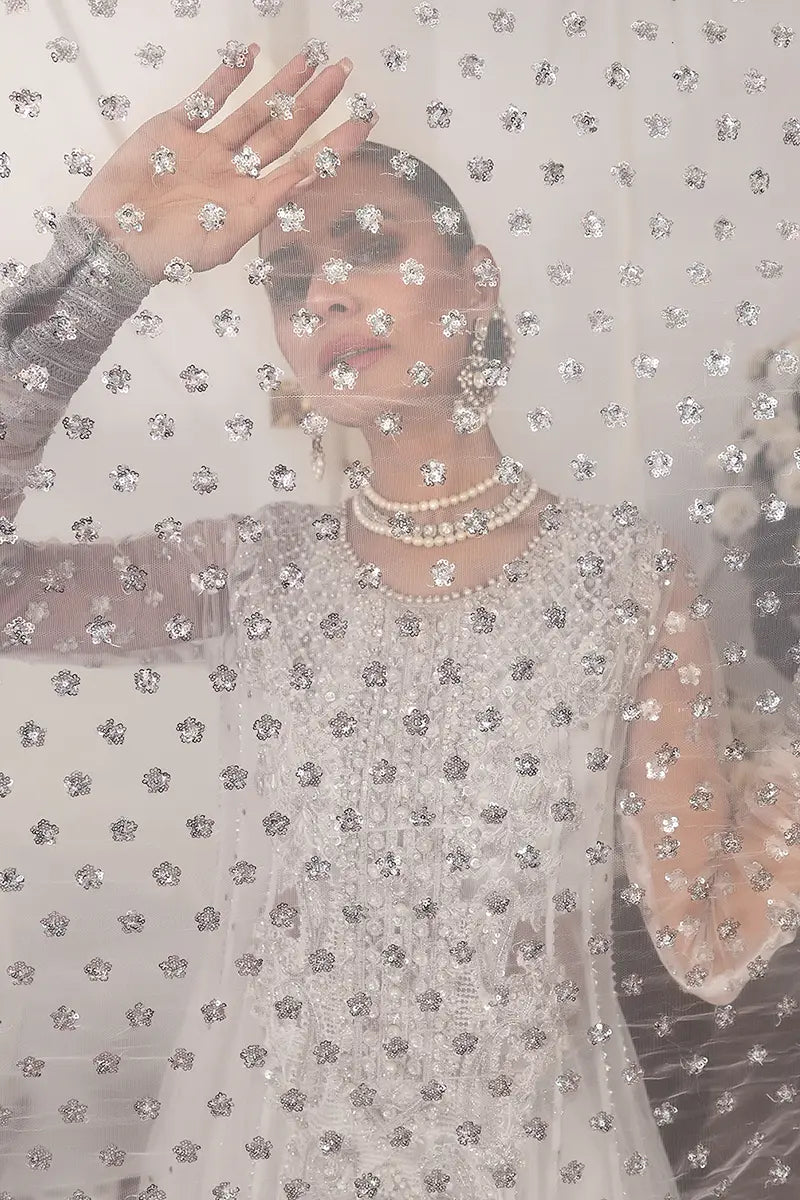 White Embroidered Net & Jamawar Pishwas (3-Piece) - Image 9