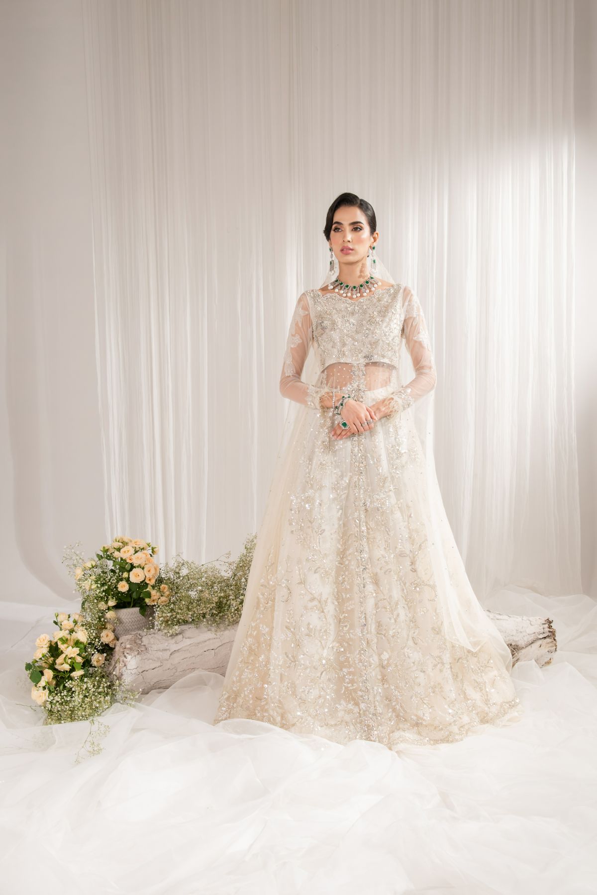 White Embroidered Net Pishwas Dress (3-Piece) - Image 1