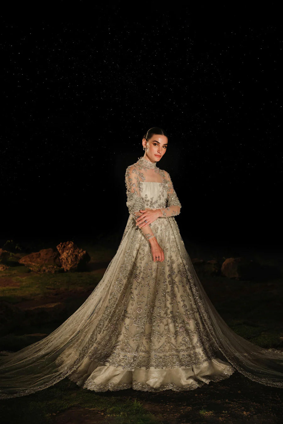 White Embellished Net Pishwas Dress (2-Piece) - Image 1