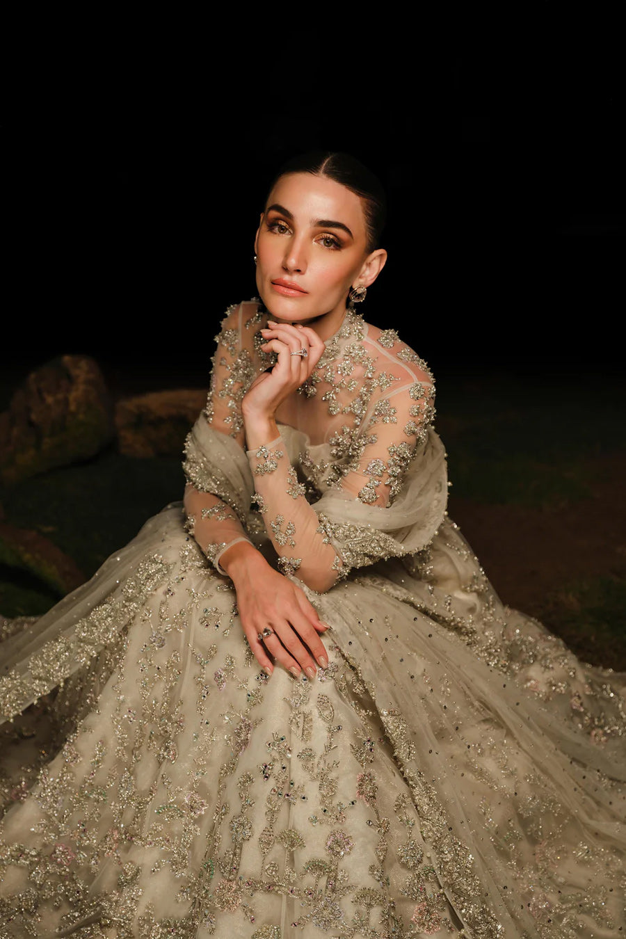 White Embellished Net Pishwas Dress (2-Piece) - Image 2