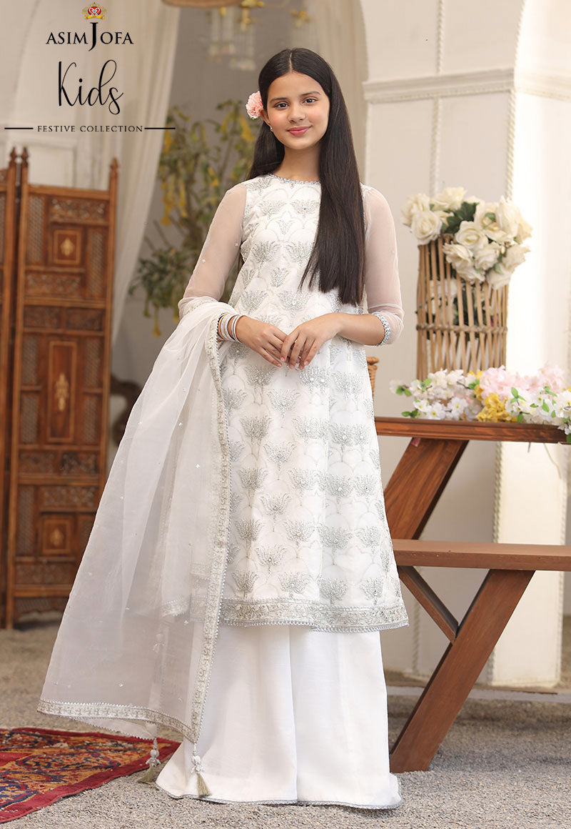 Pakistani White Embroidered Organza Pishwas Dress (3-Piece) - Image 5
