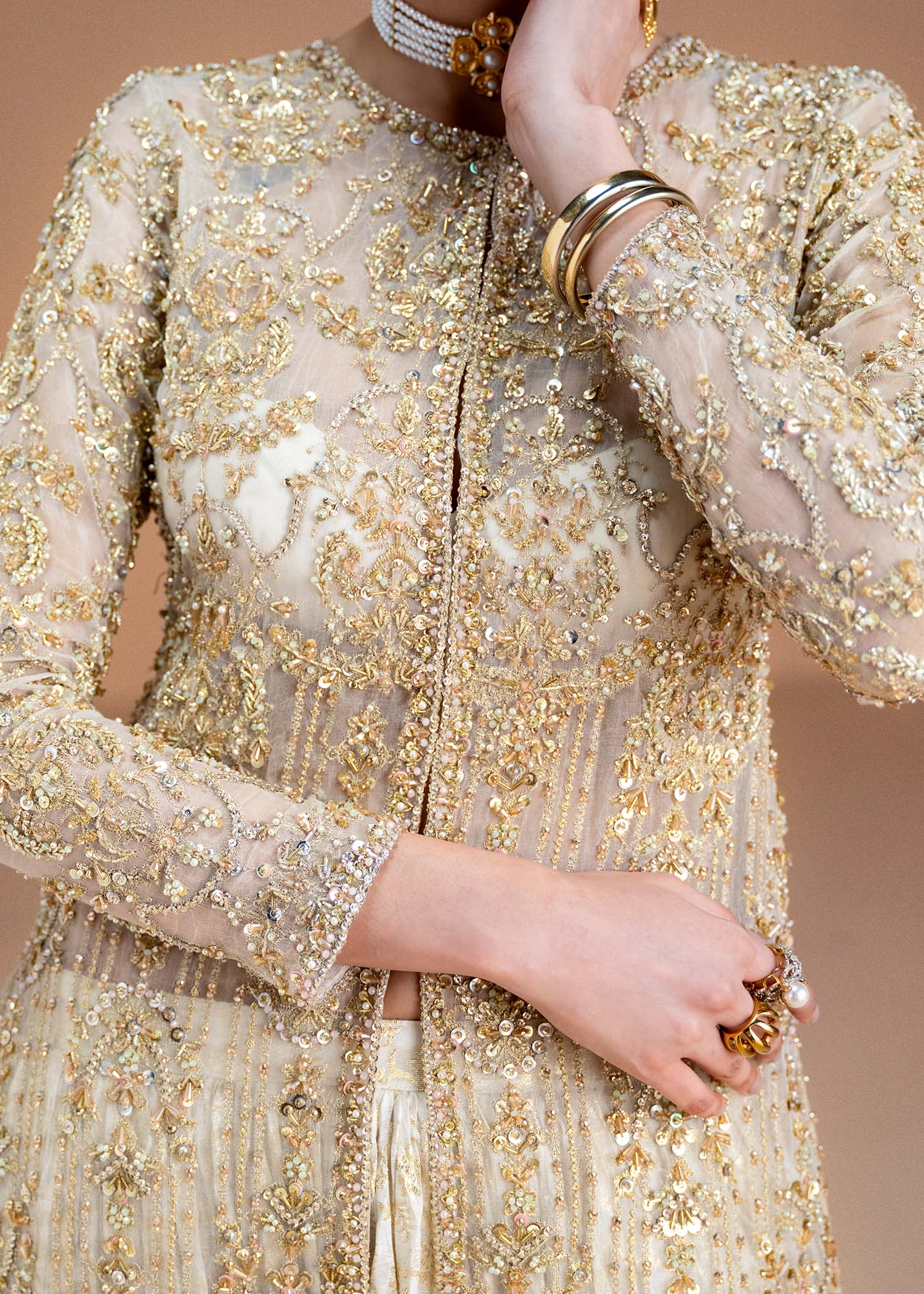 Pearl White Embellished Kathan Organza Pishwas (2-Piece) - Image 2