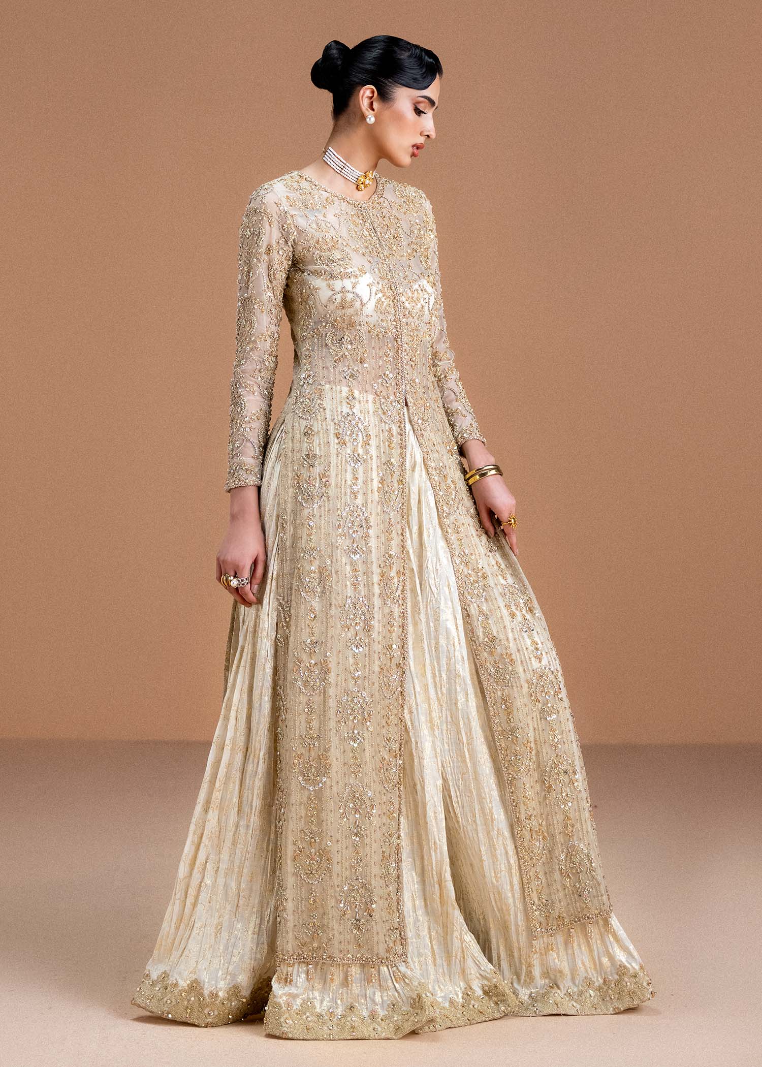 Pearl White Embellished Kathan Organza Pishwas (2-Piece) - Image 6