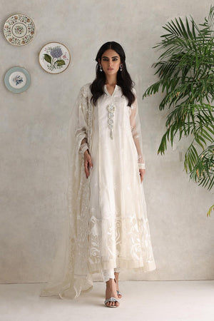Pakistani White Embroidered Organza Kalidaar Pishwas (3-Piece) - Image 2