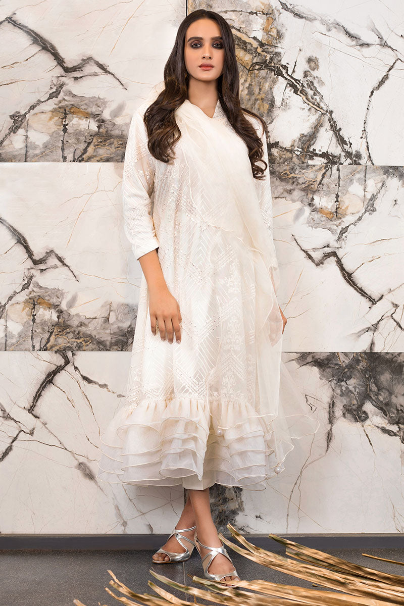 Pakistani White Embroidered Organza Pishwas Dress (2-Piece) - Image 1