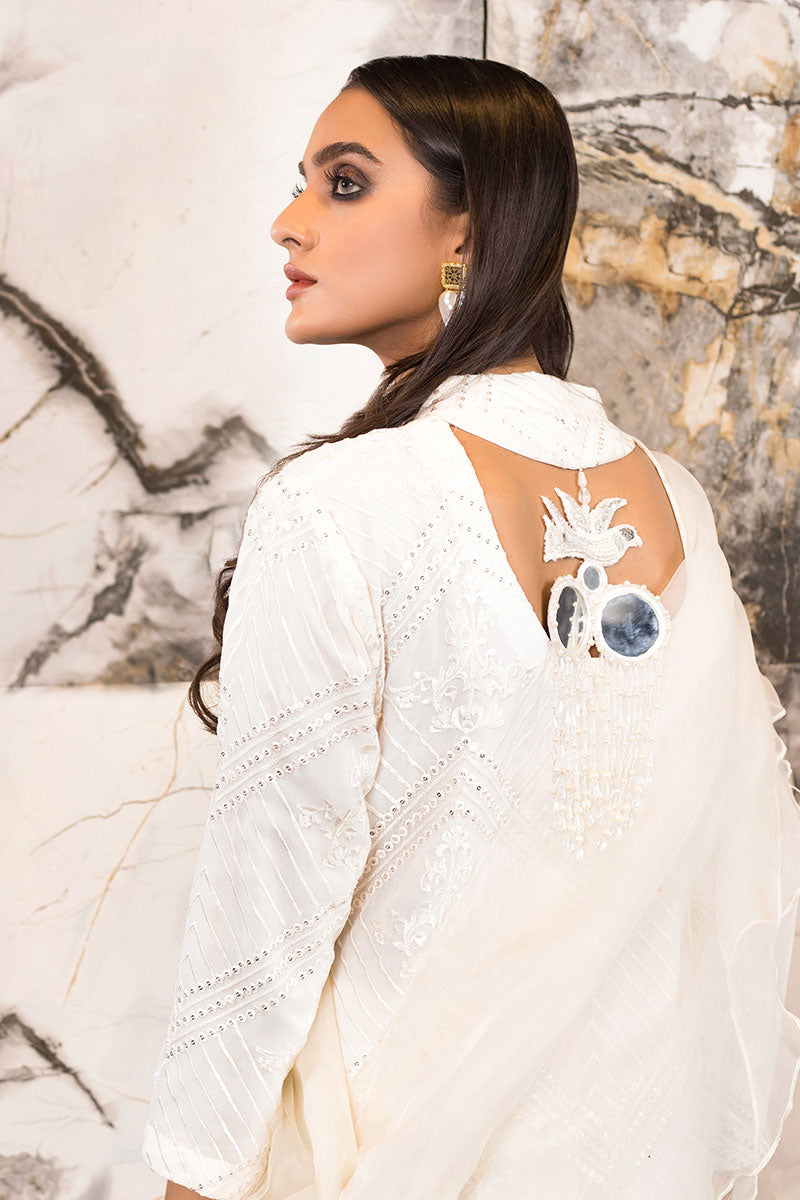 Pakistani White Embroidered Organza Pishwas Dress (2-Piece) - Image 3
