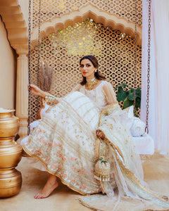 Pakistani White Embroidered Net & Raw Silk Pishwas (3-Piece) - Image 1