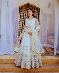 Pakistani White Embroidered Net & Raw Silk Pishwas (3-Piece) - Image 2