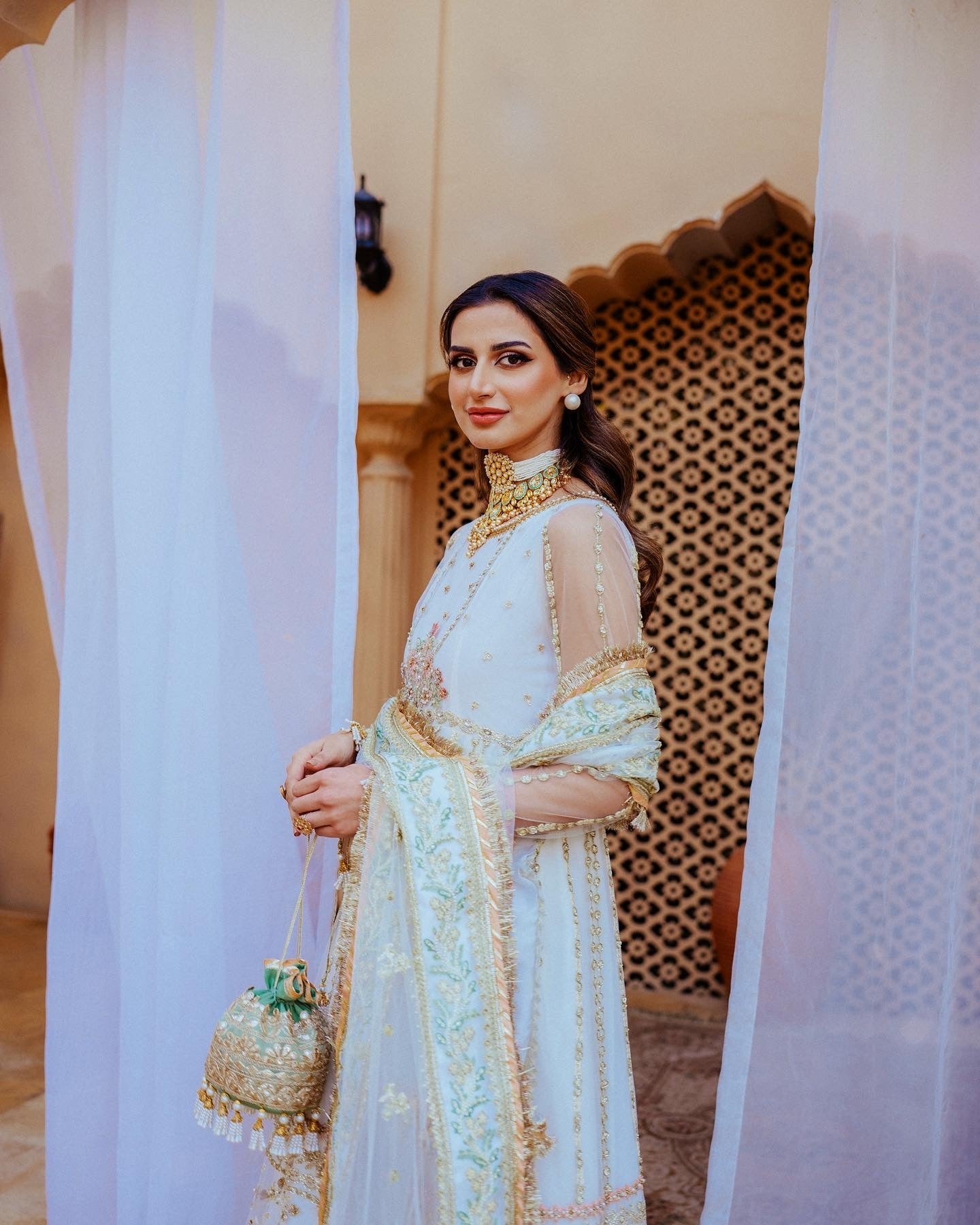 Pakistani White Embroidered Net & Raw Silk Pishwas (3-Piece) - Image 3