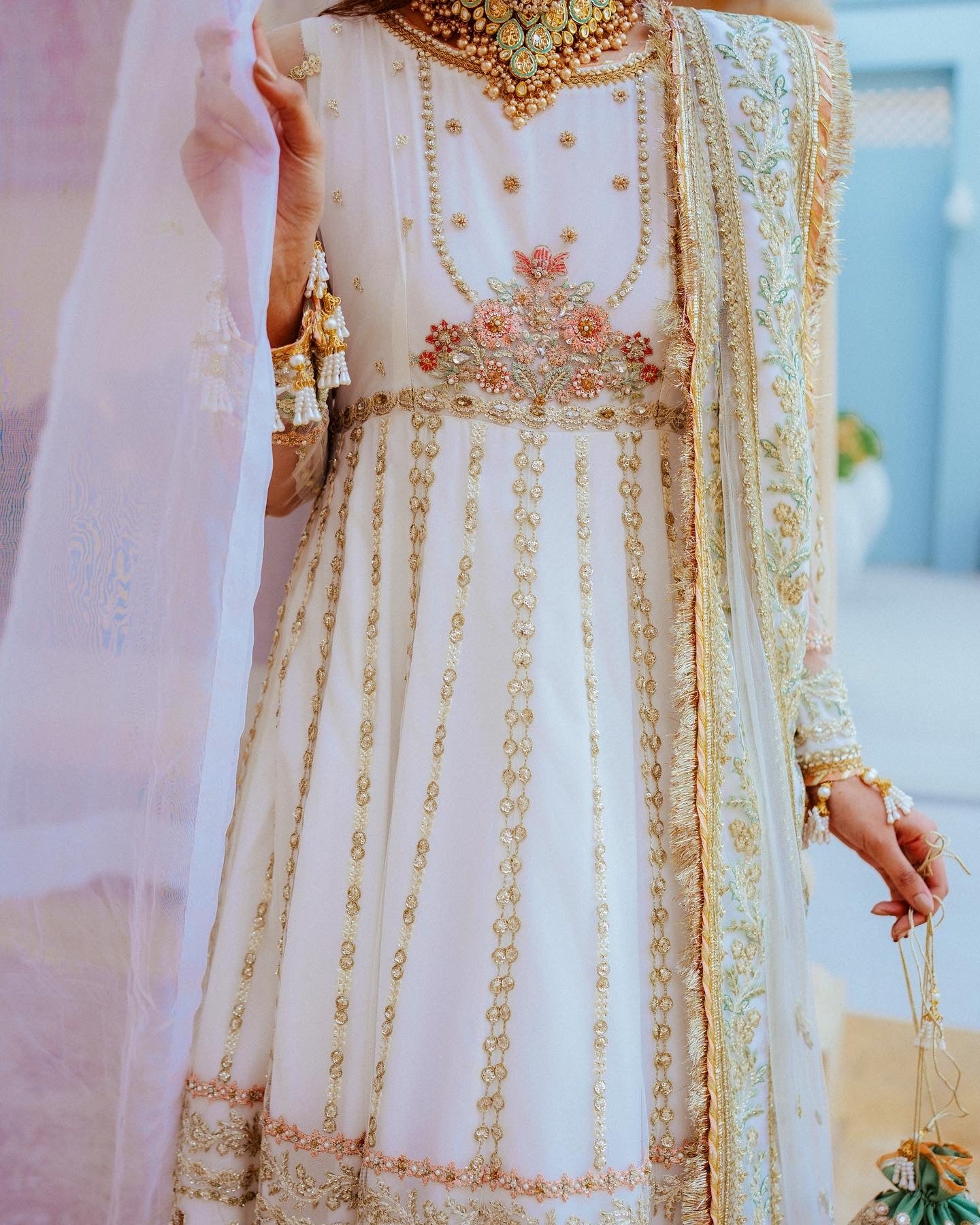 Pakistani White Embroidered Net & Raw Silk Pishwas (3-Piece) - Image 4