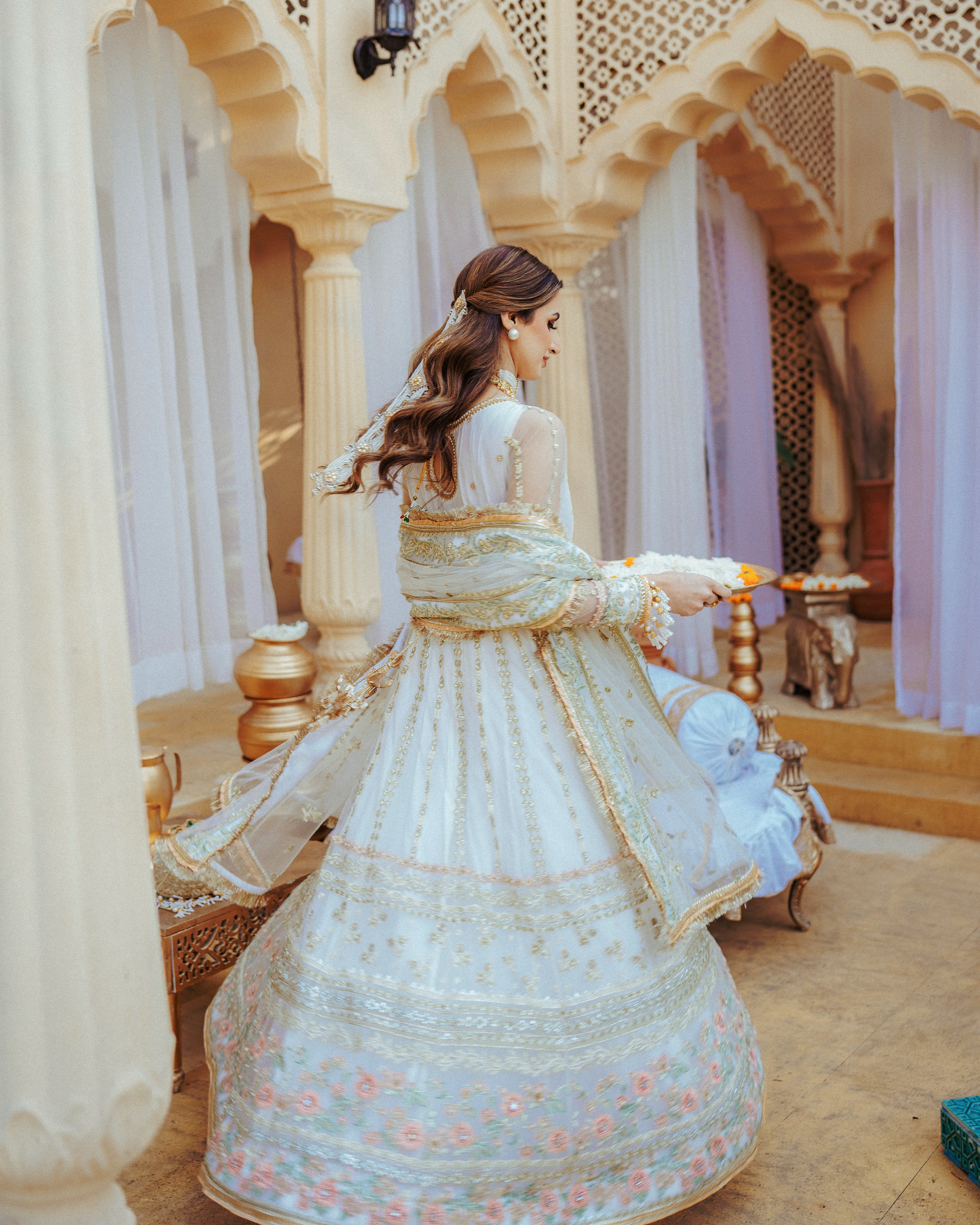 Pakistani White Embroidered Net & Raw Silk Pishwas (3-Piece) - Image 5