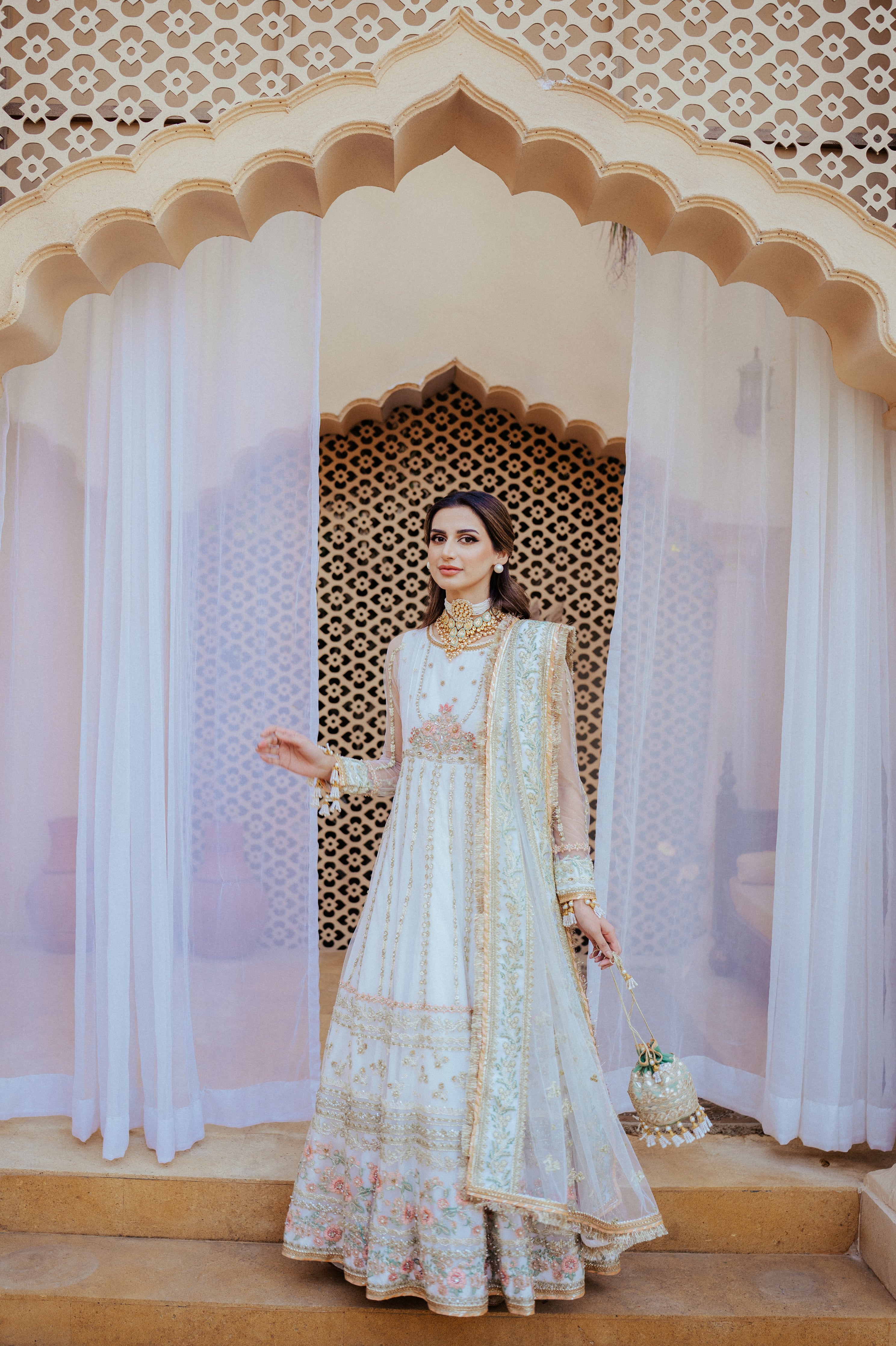 Pakistani White Embroidered Net & Raw Silk Pishwas (3-Piece) - Image 6