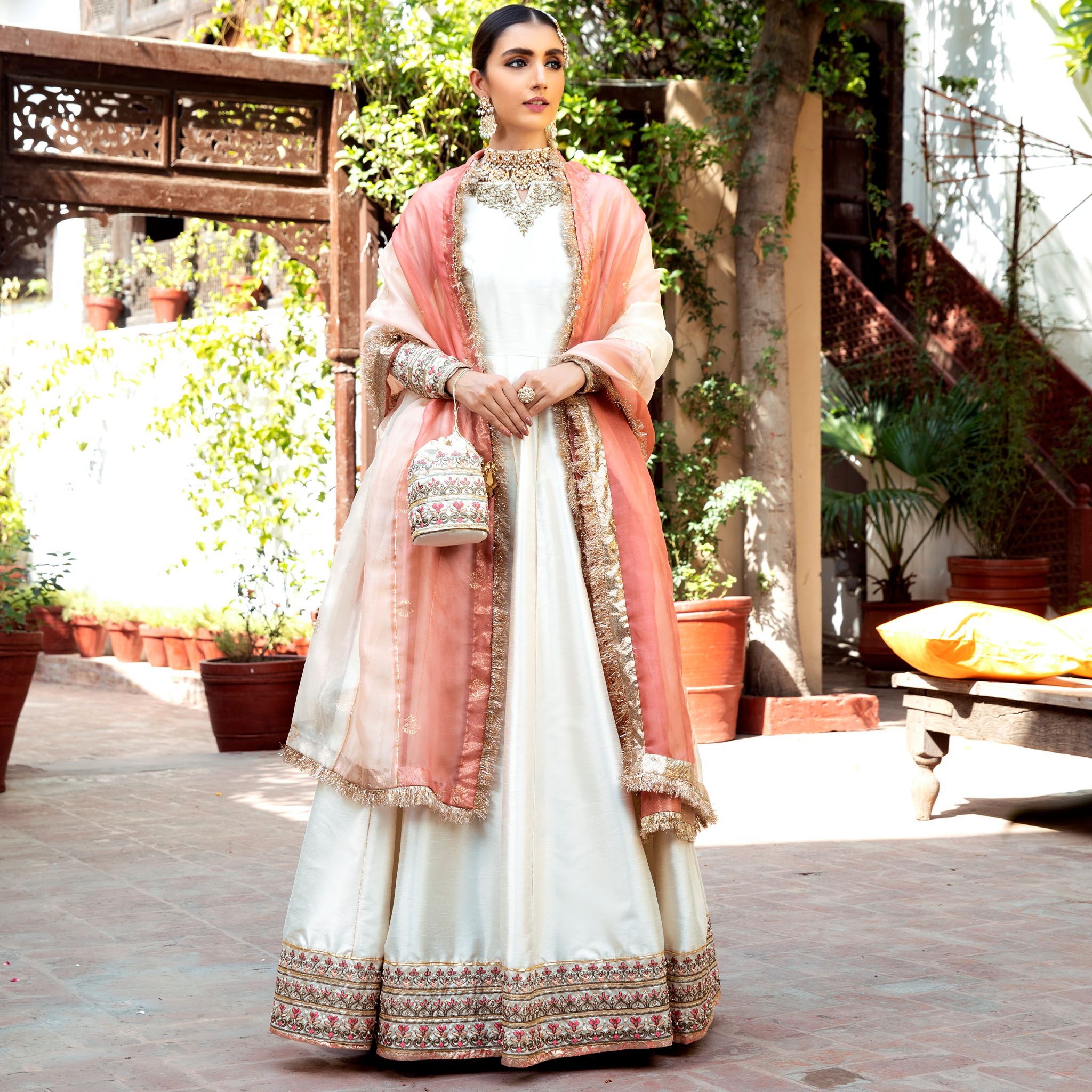 Pearl White Embellished Raw Silk Kalidar Pishwas (4-Piece) - Image 1