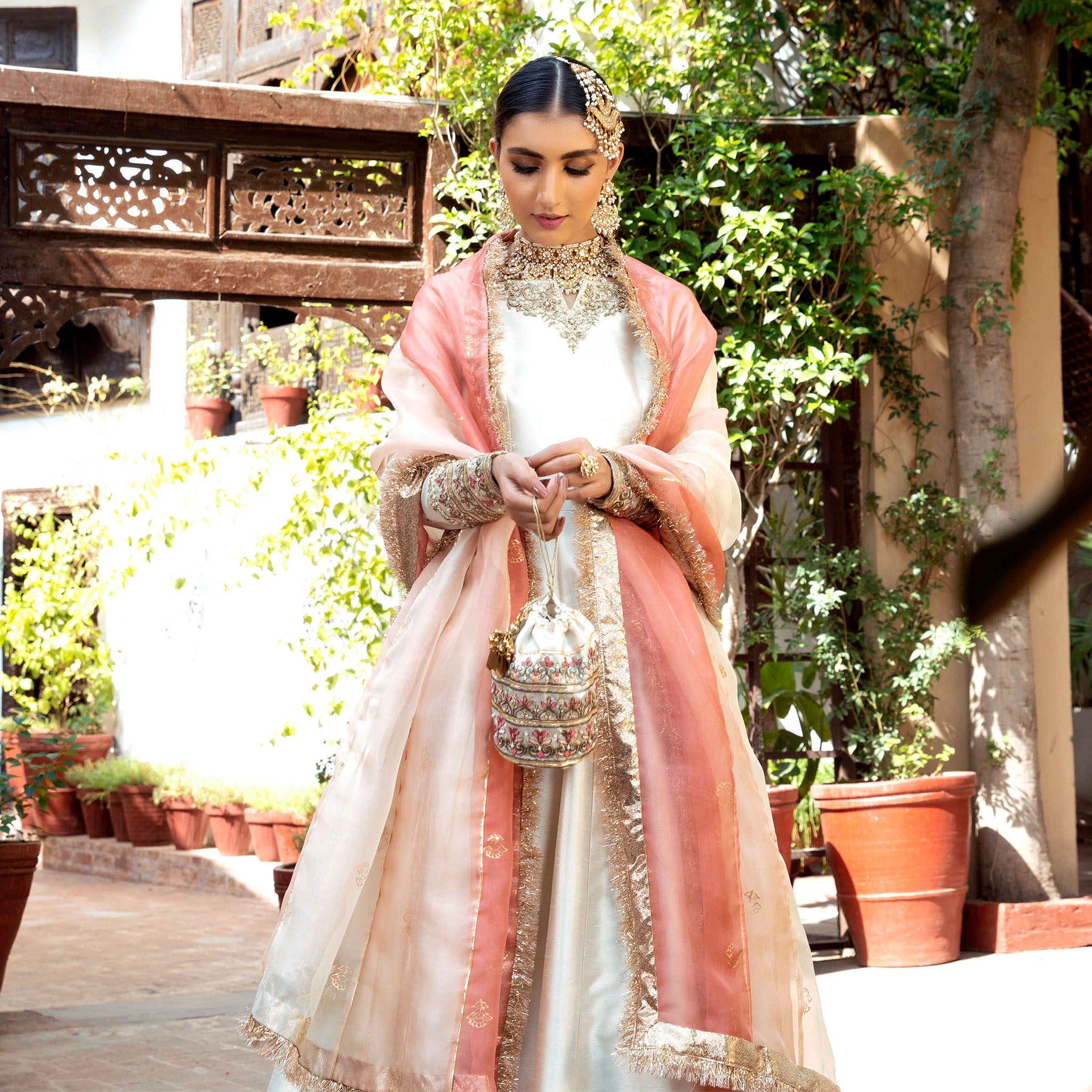 Pearl White Embellished Raw Silk Kalidar Pishwas (4-Piece) - Image 2