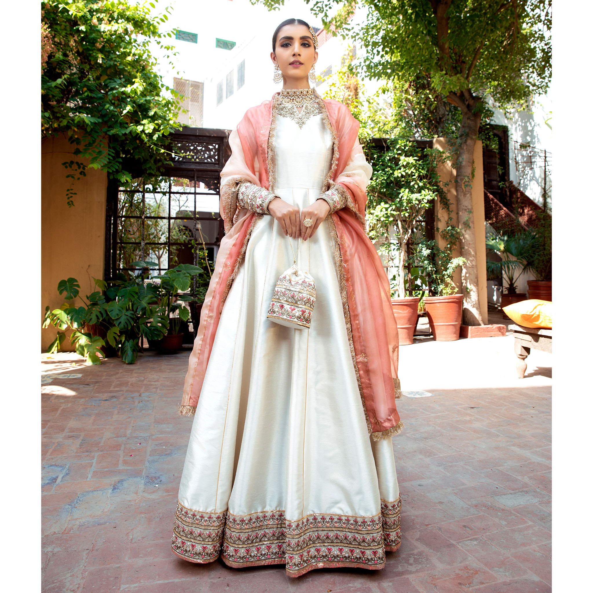 Pearl White Embellished Raw Silk Kalidar Pishwas (4-Piece) - Image 3