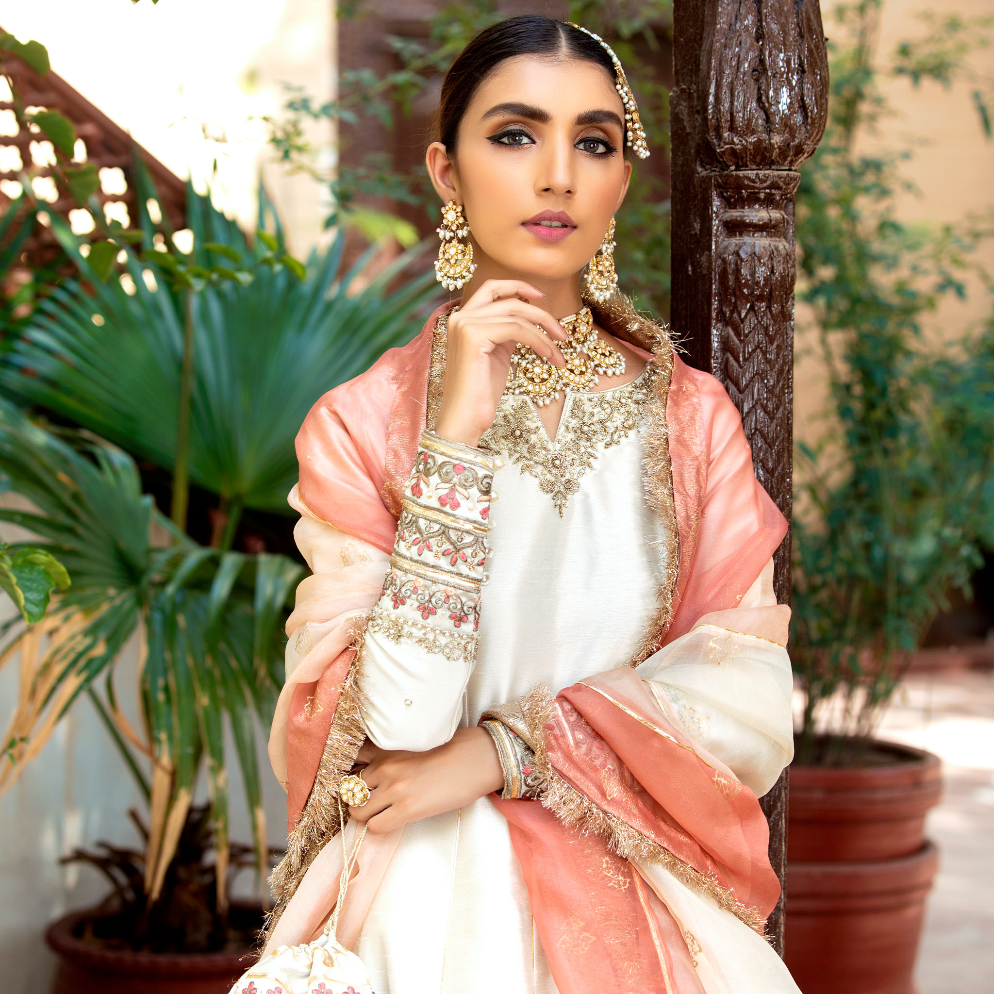 Pearl White Embellished Raw Silk Kalidar Pishwas (4-Piece) - Image 4