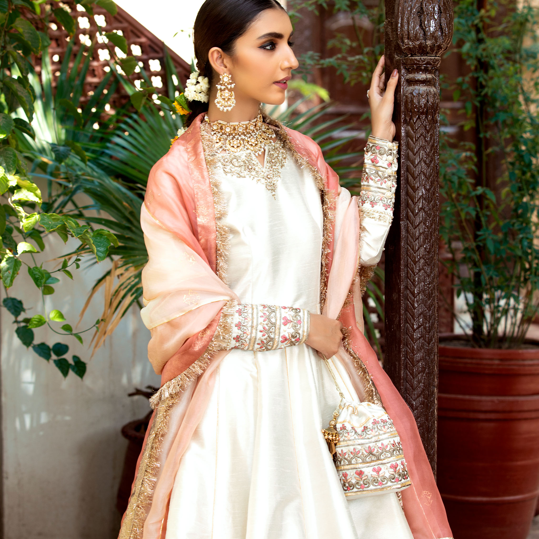 Pearl White Embellished Raw Silk Kalidar Pishwas (4-Piece) - Image 5