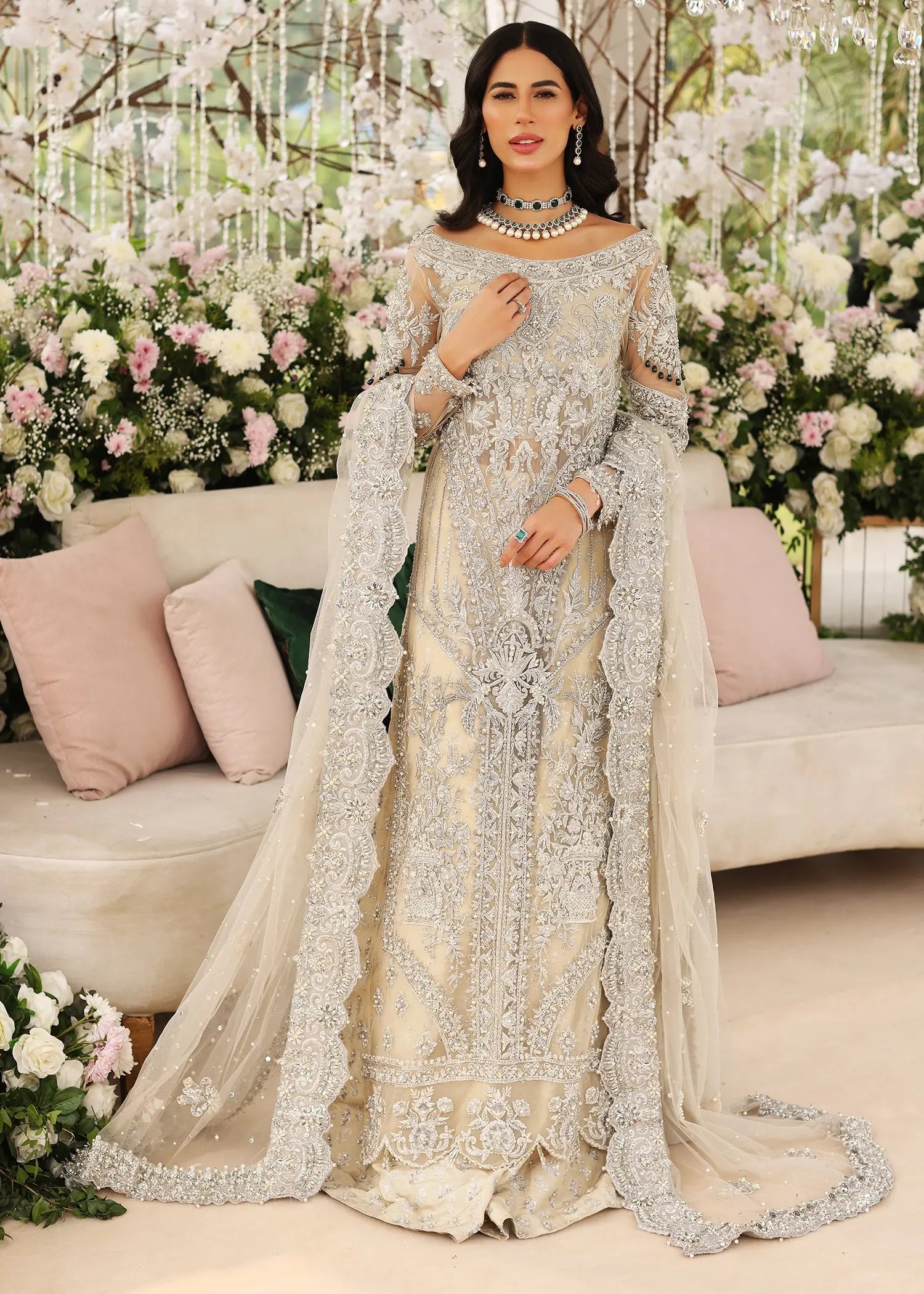 Pakistani White Embellished Net Pishwas Sharara (3-Piece) - Image 1