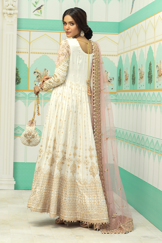 White Gold Embroidered Rawsilk Pishwas Dress (3-Piece) - Image 1
