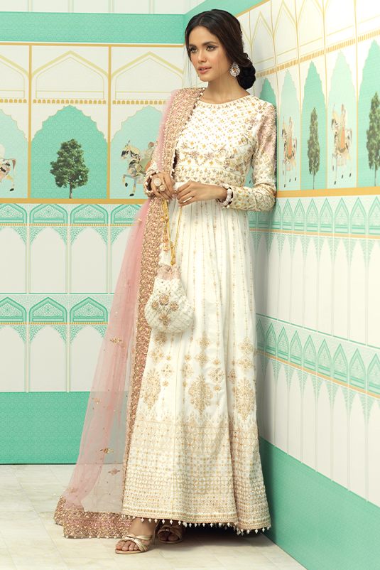 White Gold Embroidered Rawsilk Pishwas Dress (3-Piece) - Image 3