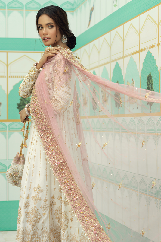 White Gold Embroidered Rawsilk Pishwas Dress (3-Piece) - Image 4