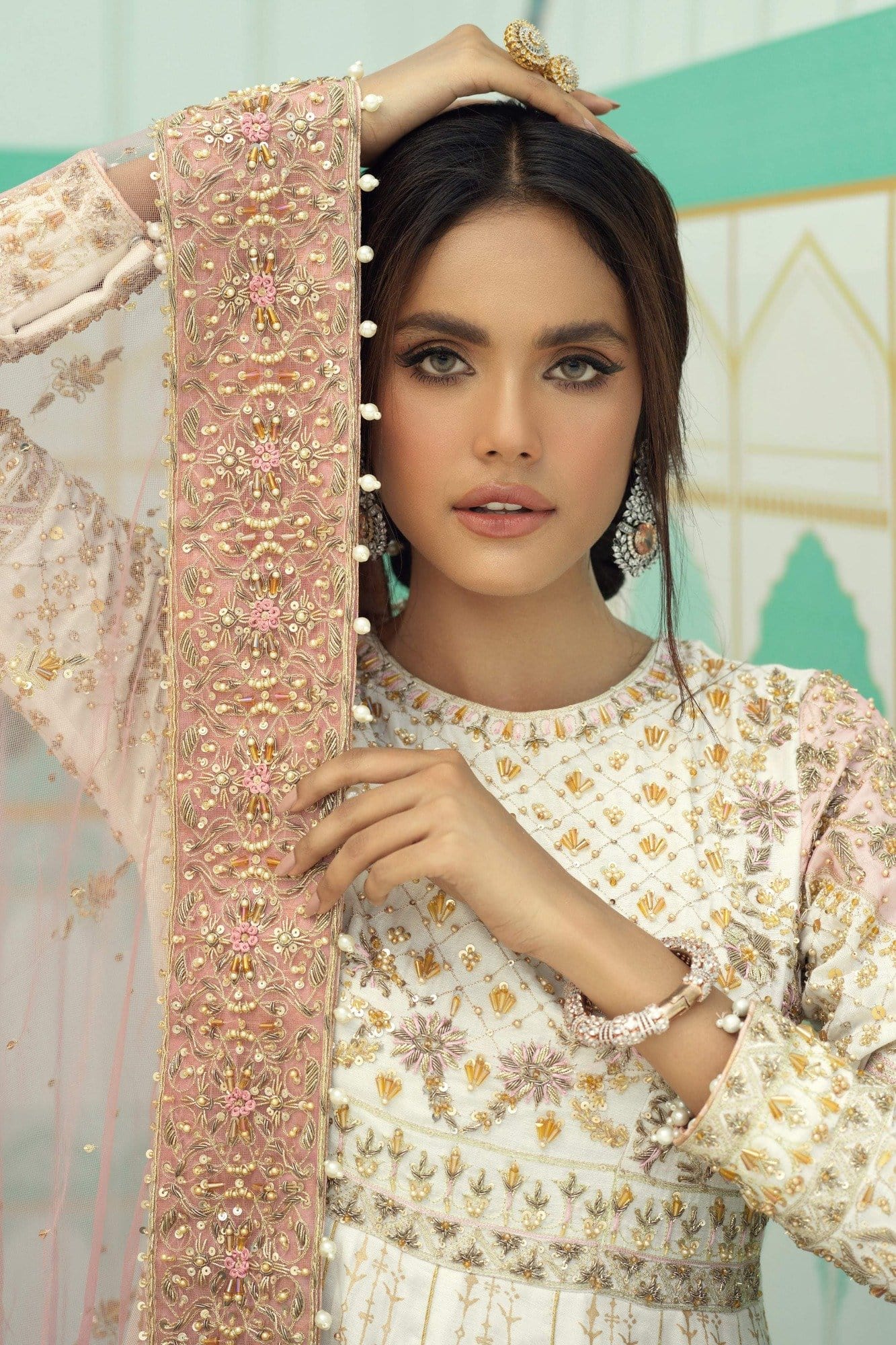 White Gold Embroidered Rawsilk Pishwas Dress (3-Piece) - Image 5