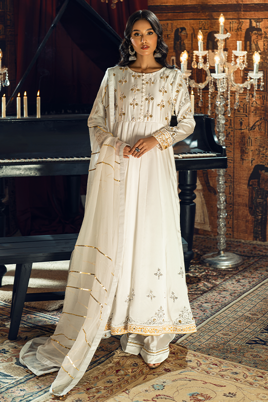 White Zardozi Shamoz Silk Pishwas (3-Piece) - Image 2