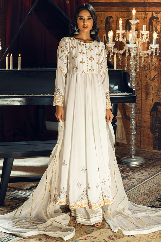 White Zardozi Shamoz Silk Pishwas (3-Piece) - Image 3