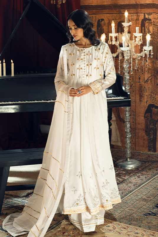 White Zardozi Shamoz Silk Pishwas (3-Piece) - Image 4