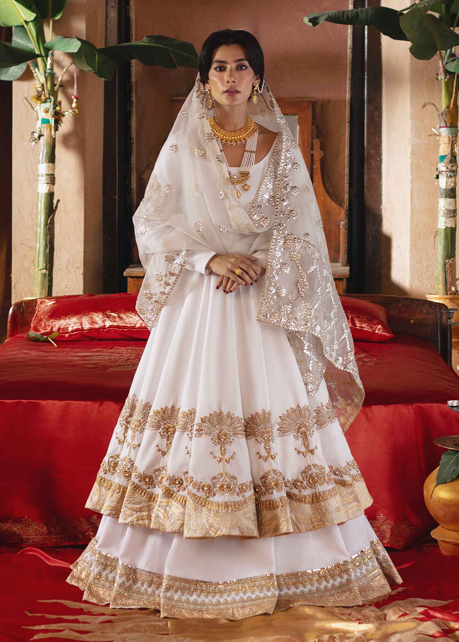 White Embroidered Silk Pishwas & Lehnga (3-Piece) - Image 1