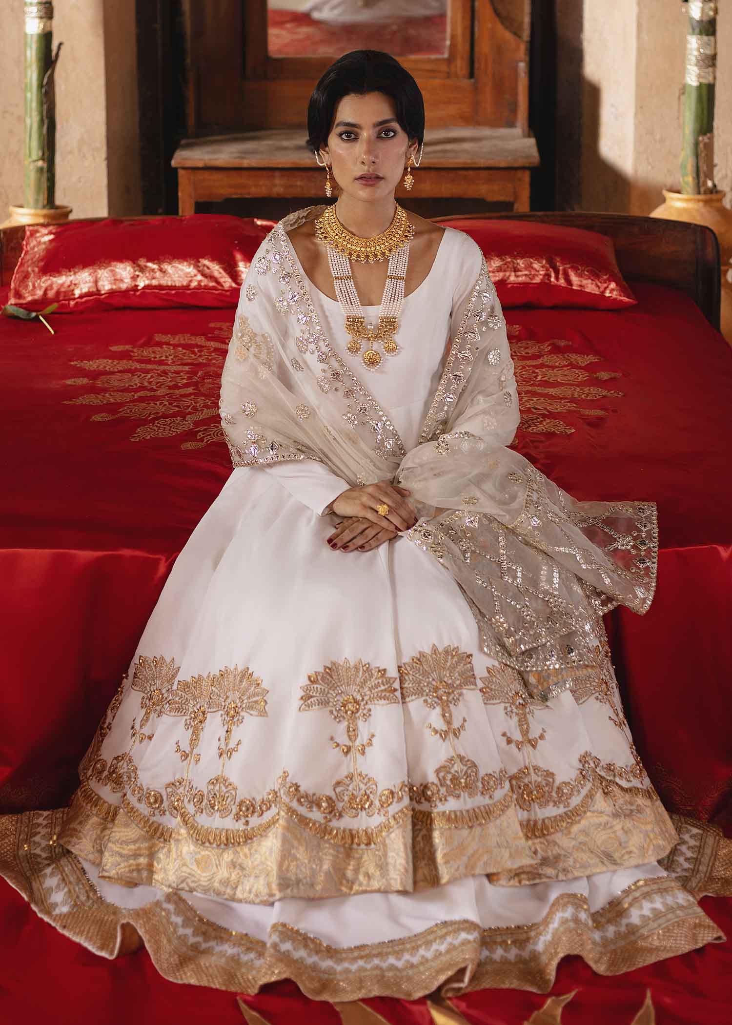 White Gota & Mirror Work Silk Pishwas (3-Piece) - Image 4