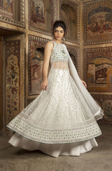 White Hand-Embroidered Silk Jamawar Pishwas (2-Piece) - Image 2