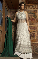 White Hand-Embroidered Silk Jamawar Pishwas (2-Piece) - Image 4