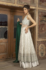 White Hand-Embroidered Silk Jamawar Pishwas (2-Piece) - Image 5