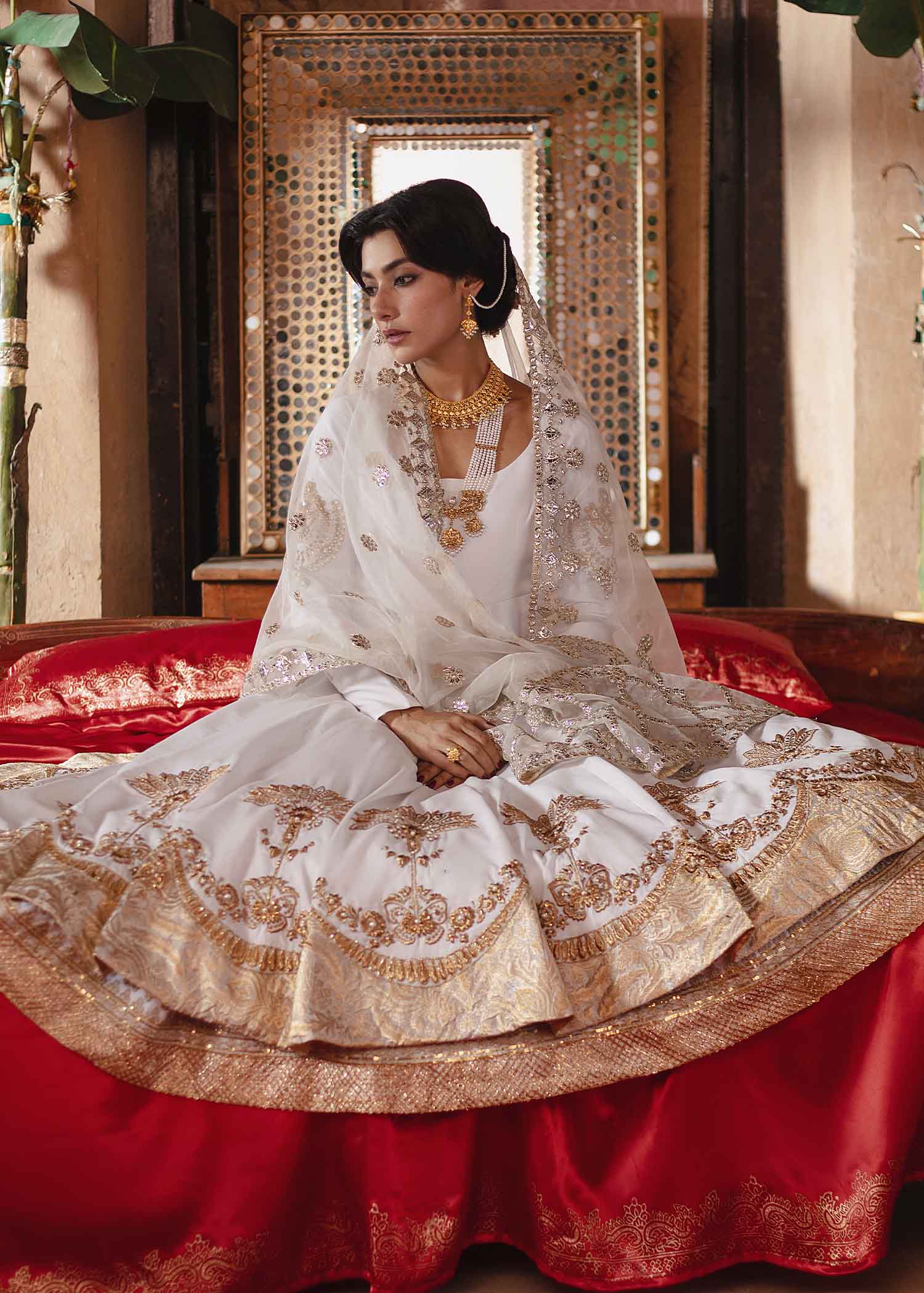 Pakistani White Gota Mirror Tilla Silk Pishwas (3-Piece) - Image 5