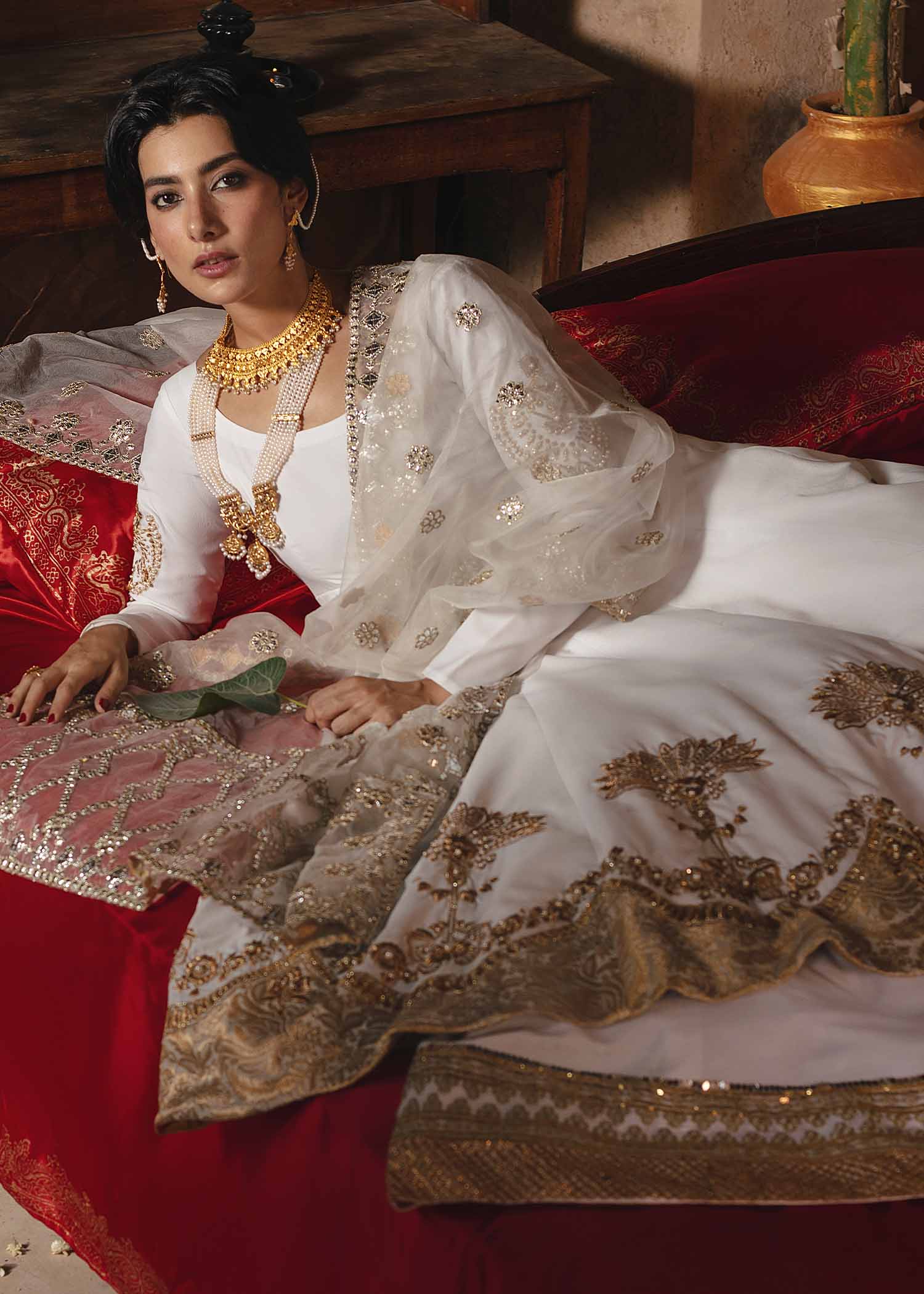 Pakistani White Gota Mirror Tilla Silk Pishwas (3-Piece) - Image 7