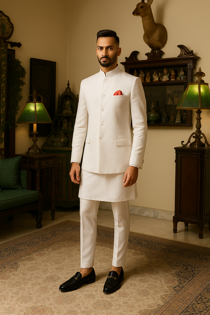 White Armani Fabric Prince Coat with Cotton Silk Kurta Pajama (3-Piece) - Image 1