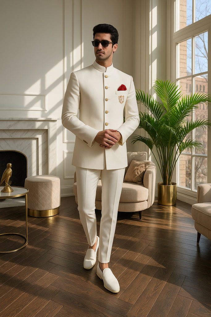 White Golden Embroidered Armani Prince Suit (3-Piece) - Image 1