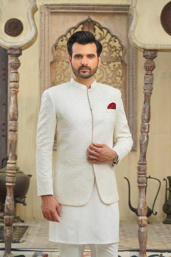 White Diamond Embroidered Cotton-Silk Prince Coat (3-Piece) - Image 1