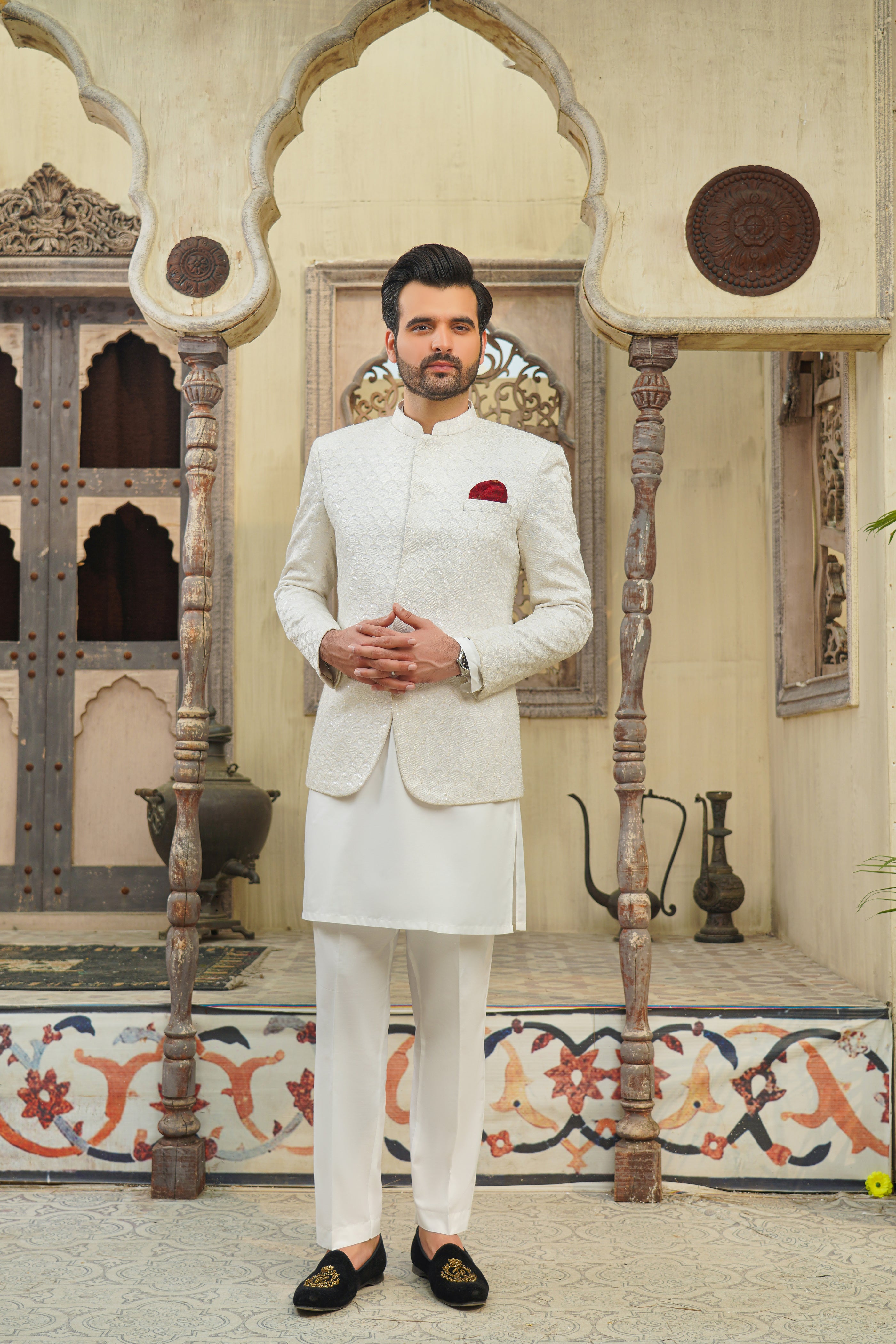 White Diamond Embroidered Cotton-Silk Prince Coat (3-Piece) - Image 3