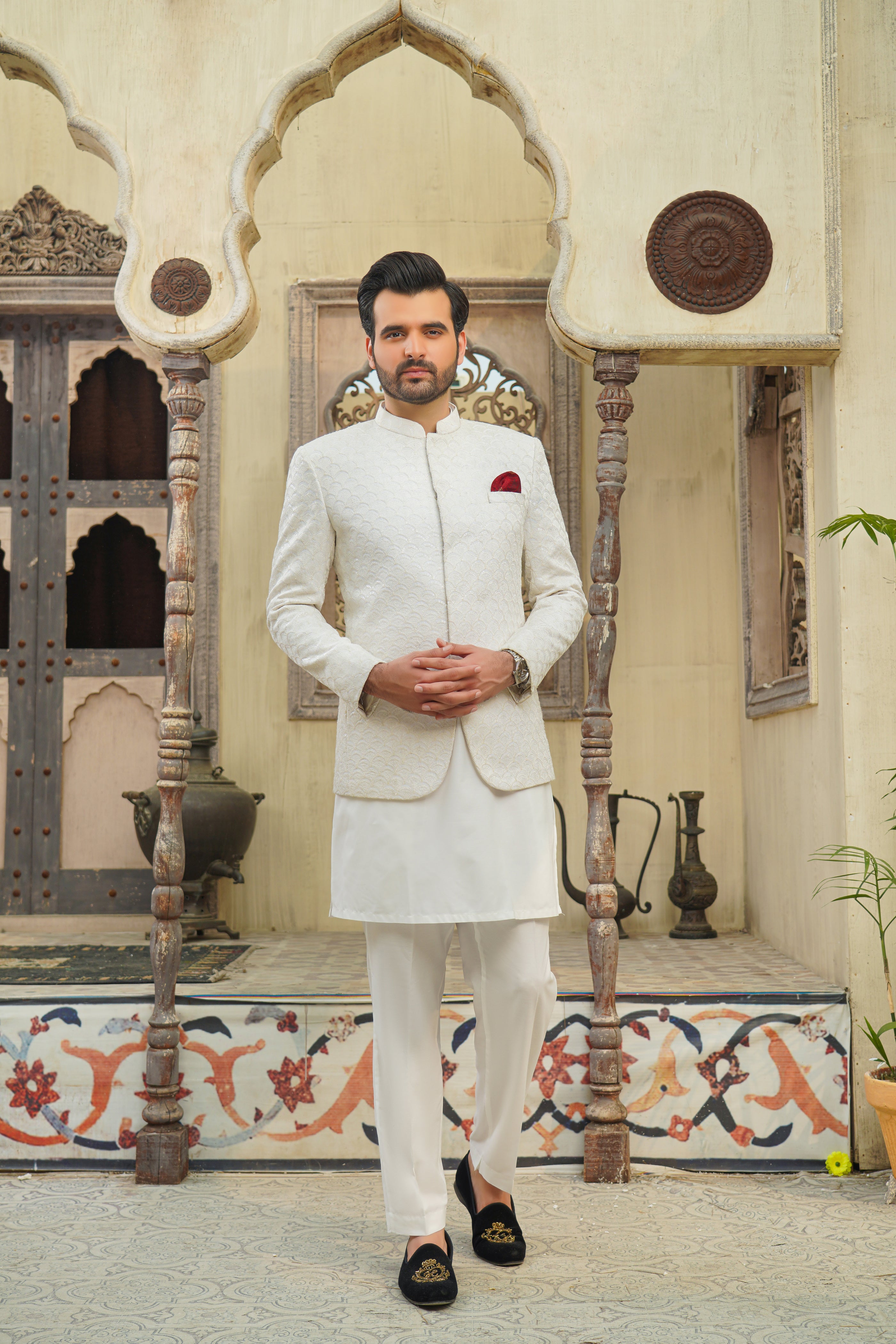 White Diamond Embroidered Cotton-Silk Prince Coat (3-Piece) - Image 4