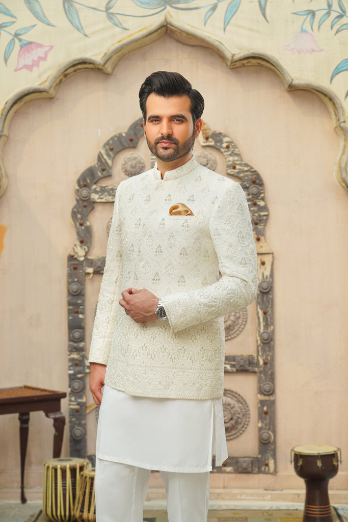 White Embroidered Cotton Silk Prince Coat (3-Piece) - Image 1